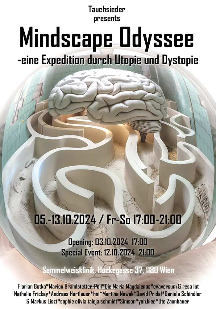 Plakat der Ausstellung, ein surreales photorealistisches Bild eines Gehirns auf einem Labyrinth mit organischen Formen in einer Glaskugel